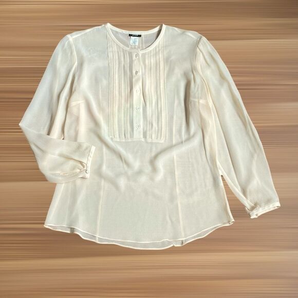 J.Crew Silk Blouse Long Sleeve Tuxedo Pleated Front 1/2 Button Sz S Ivory  NWOT - Picture 1 of 9
